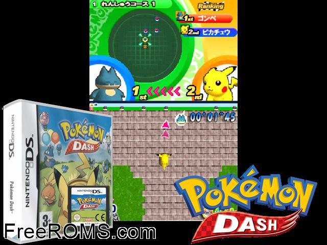 Pokemon Dash NDS game showing 3D box cover and gameplay screenshot