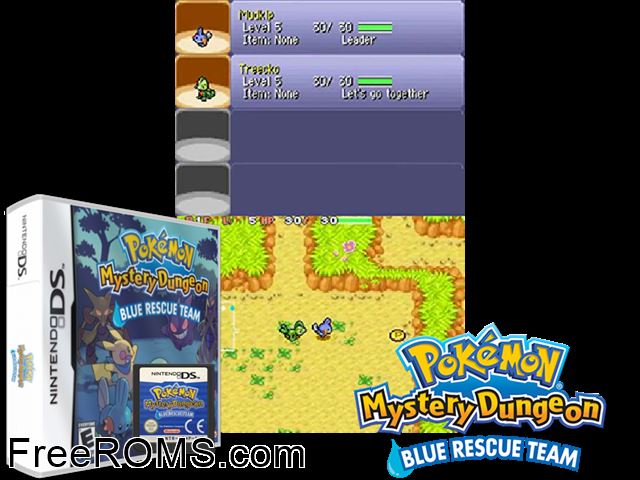Pokemon Mystery Dungeon Blue Rescue Team NDS game showing 3D box cover and gameplay screenshot