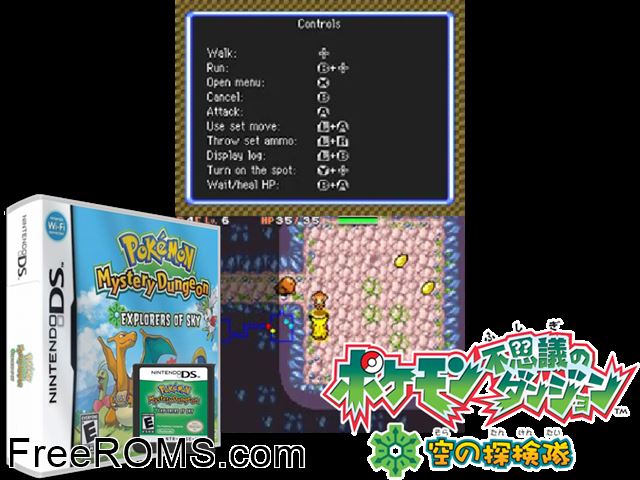 Pokemon Mystery Dungeon Explorers of Sky NDS game showing 3D box cover and gameplay screenshot