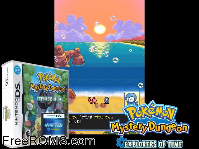 Pokemon Mystery Dungeon Explorers of Time NDS game showing 3D box cover and gameplay screenshot