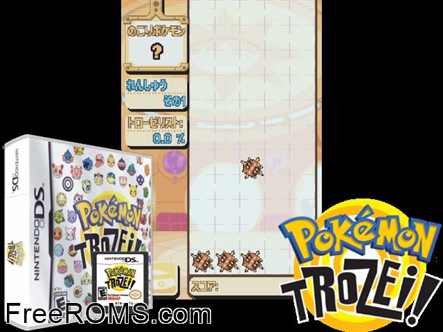 Pokemon Trozei! NDS game showing 3D box cover and gameplay screenshot