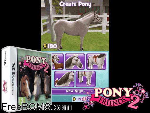 Pony Friends 2 Europe NDS game showing 3D box cover and gameplay screenshot