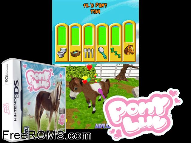 Pony Luv Europe NDS game showing 3D box cover and gameplay screenshot