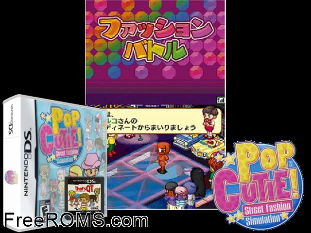 Pop Cutie! - Street Fashion Simulation NDS game showing 3D box cover and gameplay screenshot