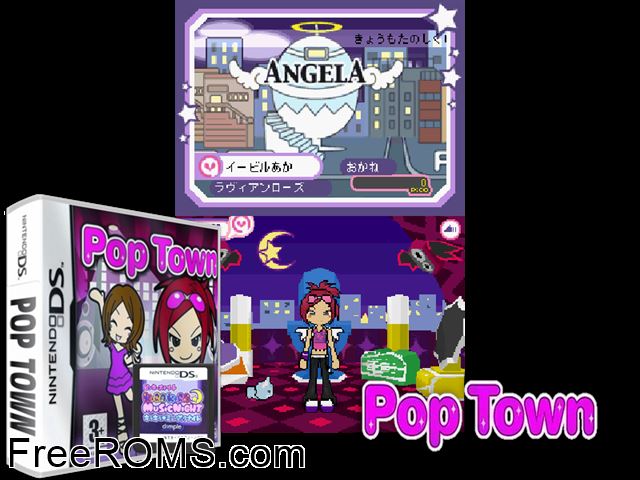 Pop Town Europe NDS game showing 3D box cover and gameplay screenshot