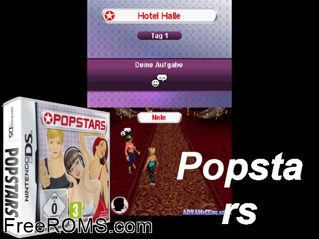 Popstars Germany NDS game showing 3D box cover and gameplay screenshot