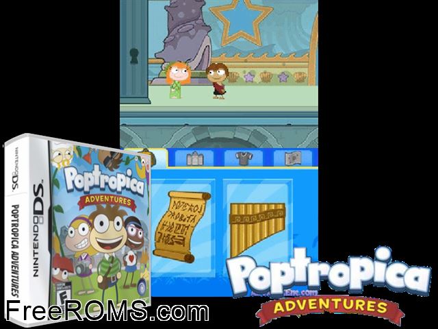 Poptropica Adventures NDS game showing 3D box cover and gameplay screenshot