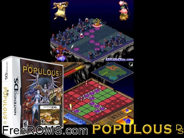 Populous DS NDS game showing 3D box cover and gameplay screenshot
