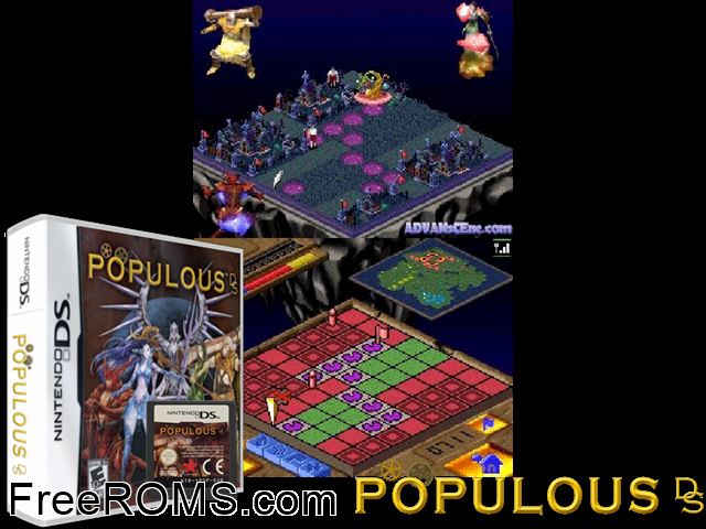Populous DS Europe NDS game showing 3D box cover and gameplay screenshot
