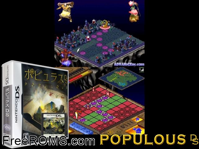 Populous DS Japan NDS game showing 3D box cover and gameplay screenshot