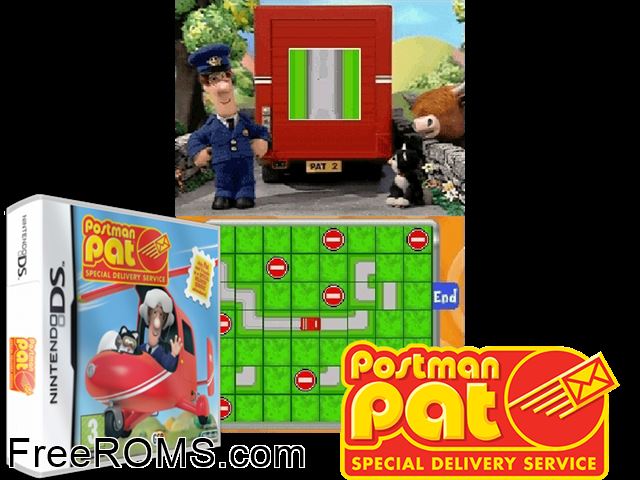 Postman Pat - Special Delivery Service Europe NDS game showing 3D box cover and gameplay screenshot