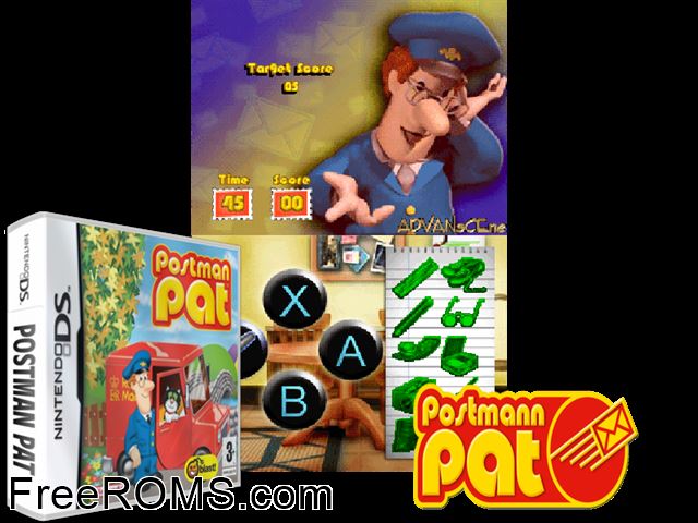 Postman Pat Europe NDS game showing 3D box cover and gameplay screenshot