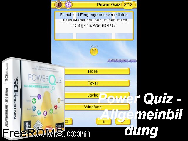 Power Quiz - Allgemeinbildung Germany NDS game showing 3D box cover and gameplay screenshot
