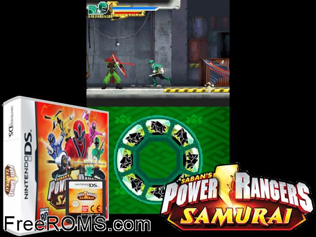 Power Rangers - Samurai NDS game showing 3D box cover and gameplay screenshot