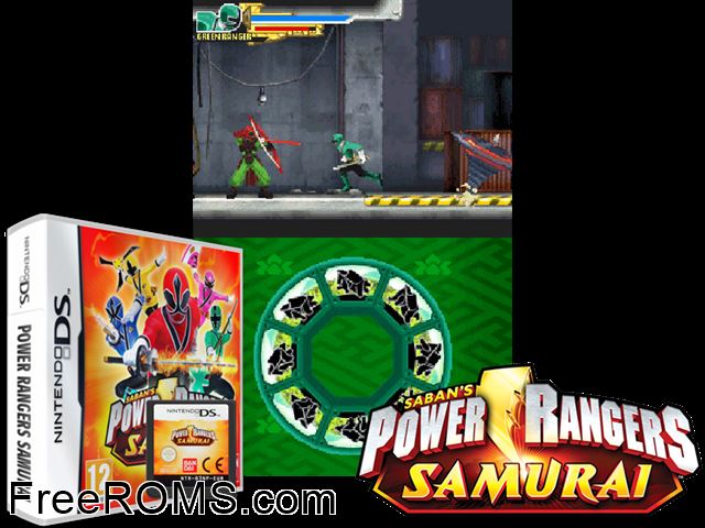 Power Rangers - Samurai Europe NDS game showing 3D box cover and gameplay screenshot