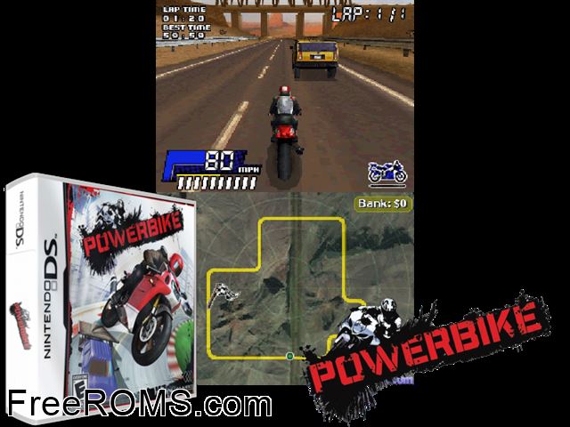 Powerbike NDS game showing 3D box cover and gameplay screenshot