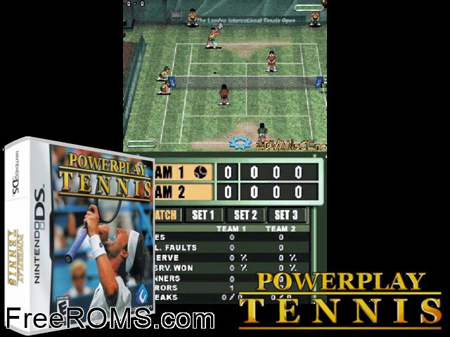 Powerplay Tennis NDS game showing 3D box cover and gameplay screenshot