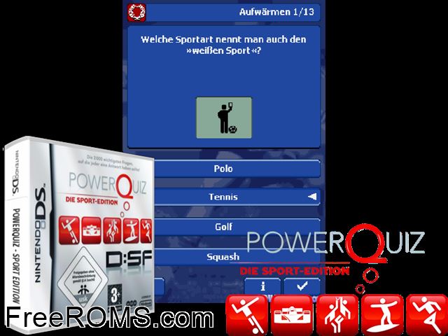 PowerQuiz - Die Sport-Edition DSF Germany NDS game showing 3D box cover and gameplay screenshot