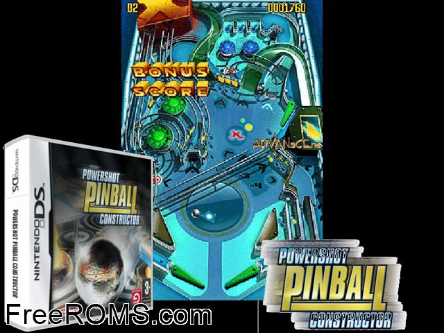 Powershot Pinball Constructor Europe NDS game showing 3D box cover and gameplay screenshot