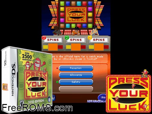 Press Your Luck - 2010 Edition NDS game showing 3D box cover and gameplay screenshot
