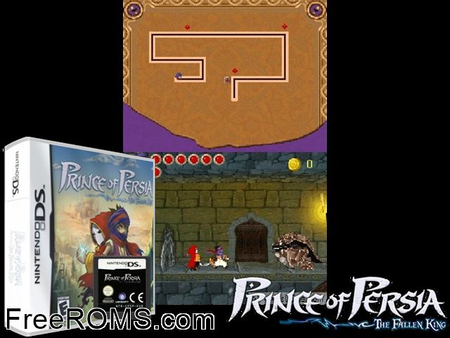 Prince of Persia - The Fallen King NDS game showing 3D box cover and gameplay screenshot