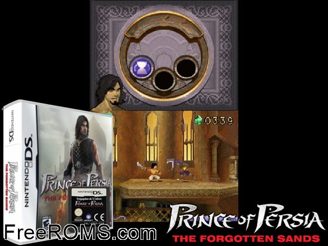 Prince of Persia - The Forgotten Sands NDS game showing 3D box cover and gameplay screenshot