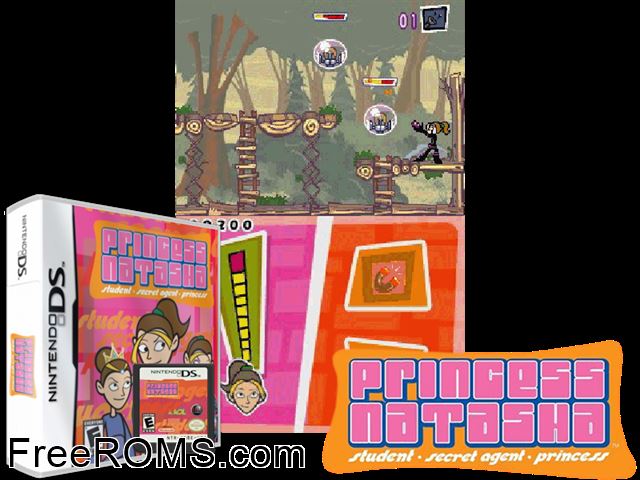 Princess Natasha - Student-Secret Agent-Princess NDS game showing 3D box cover and gameplay screenshot