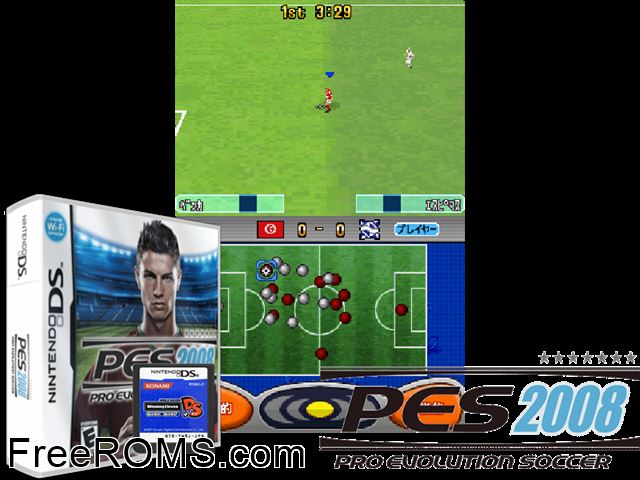 Pro Evolution Soccer 2008 NDS game showing 3D box cover and gameplay screenshot