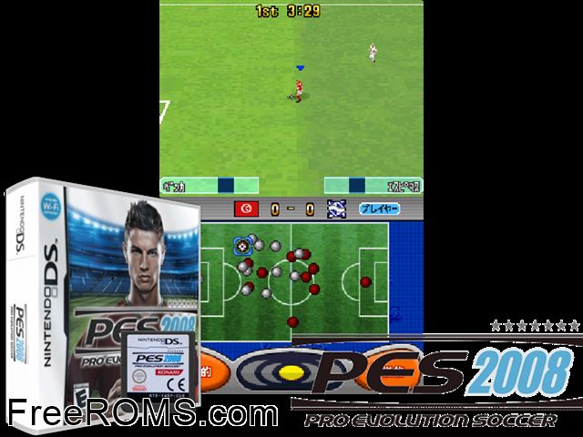 Pro Evolution Soccer 2008 Europe NDS game showing 3D box cover and gameplay screenshot