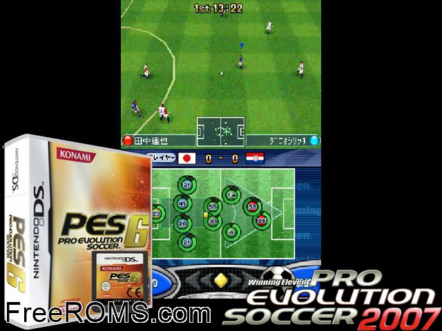 Pro Evolution Soccer 6 Europe NDS game showing 3D box cover and gameplay screenshot