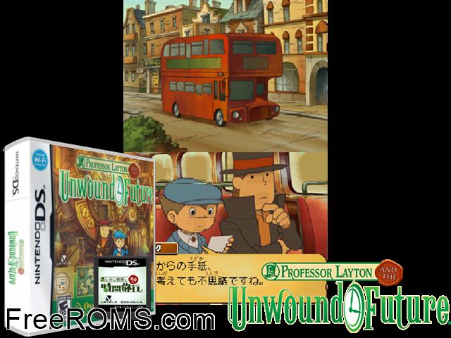 Profesor Layton y el Futuro Perdido El Spain NDS game showing 3D box cover and gameplay screenshot