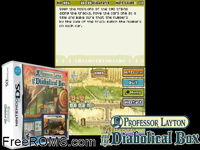 Profesor Layton y la Caja de Pandora, El NDS game showing 3D box cover and gameplay screenshot