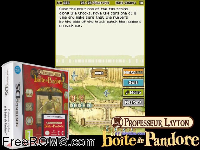 Professeur Layton et la Boite de Pandore France NDS game showing 3D box cover and gameplay screenshot