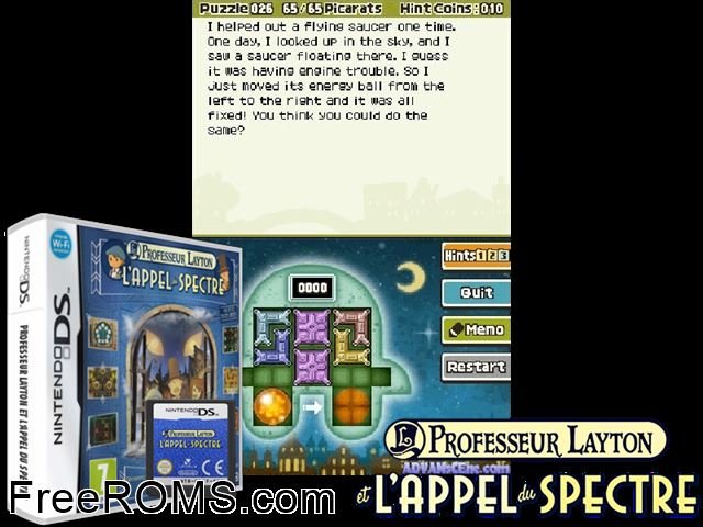 Professeur Layton et lAppel du Spectre France NDS game showing 3D box cover and gameplay screenshot