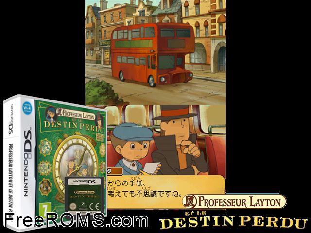 Professeur Layton et le Destin Perdu France NDS game showing 3D box cover and gameplay screenshot