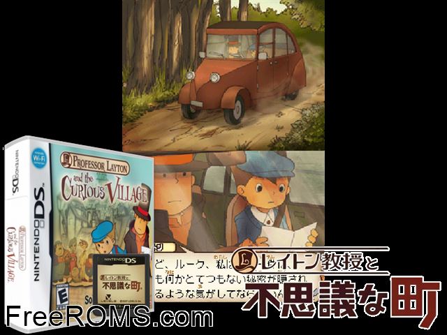 Professor Layton and the Curious Village NDS game showing 3D box cover and gameplay screenshot