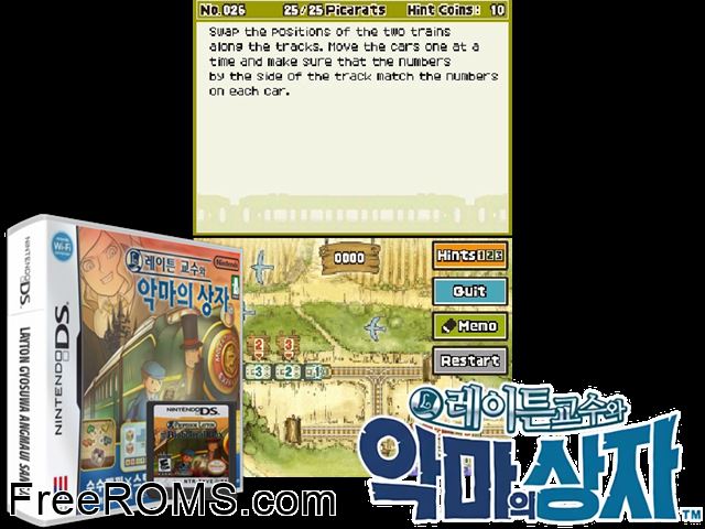 Professor Layton and the Diabolical Box Korea NDS game showing 3D box cover and gameplay screenshot