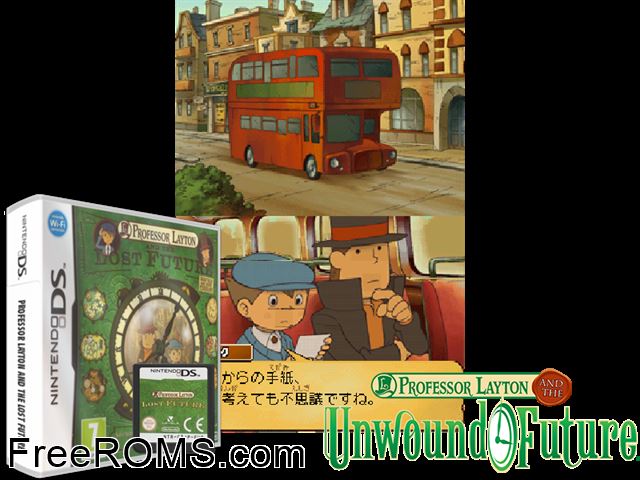 Professor Layton and the Lost Future Europe NDS game showing 3D box cover and gameplay screenshot