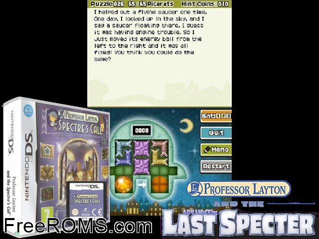 Professor Layton and the Spectres Call Europe NDS game showing 3D box cover and gameplay screenshot