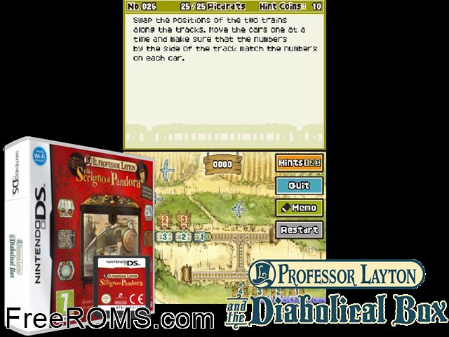 Professor Layton e lo Scrigno di Pandora, Il Italy NDS game showing 3D box cover and gameplay screenshot