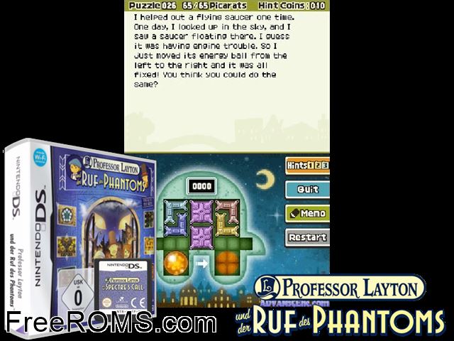 Professor Layton und der Ruf des Phantoms Germany NDS game showing 3D box cover and gameplay screenshot