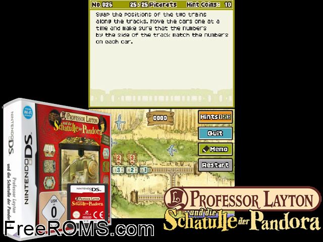 Professor Layton und die Schatulle der Pandora Germany NDS game showing 3D box cover and gameplay screenshot
