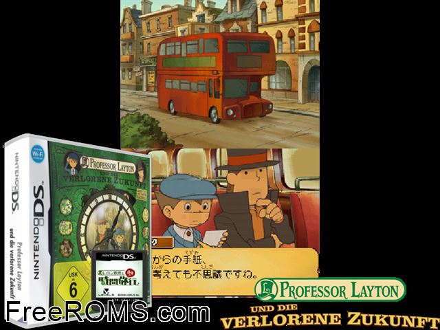 Professor Layton und die Verlorene Zukunft Germany NDS game showing 3D box cover and gameplay screenshot