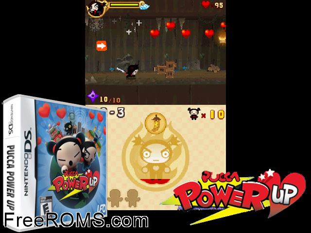 Pucca Power Up Europe NDS game showing 3D box cover and gameplay screenshot