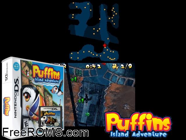 Puffins - Island Adventure NDS game showing 3D box cover and gameplay screenshot