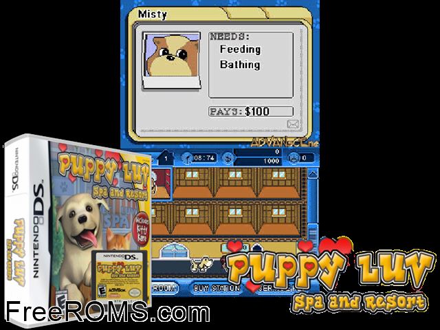 Puppy Luv - Animal Tycoon Europe NDS game showing 3D box cover and gameplay screenshot