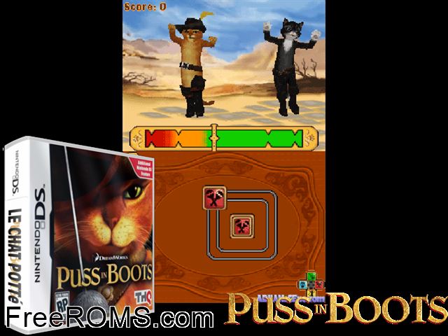 Puss In Boots Europe NDS game showing 3D box cover and gameplay screenshot
