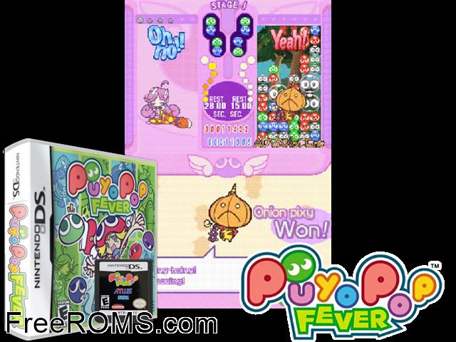 Puyo Pop Fever NDS game showing 3D box cover and gameplay screenshot