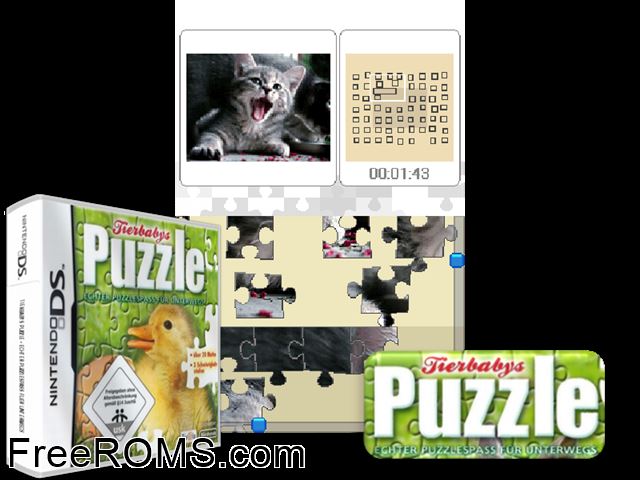 Puzzle - Baby Animals Europe NDS game showing 3D box cover and gameplay screenshot