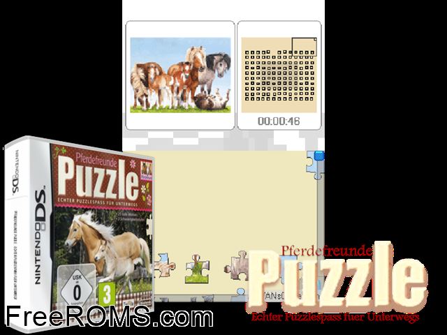 Puzzle - Horse Friends Europe NDS game showing 3D box cover and gameplay screenshot